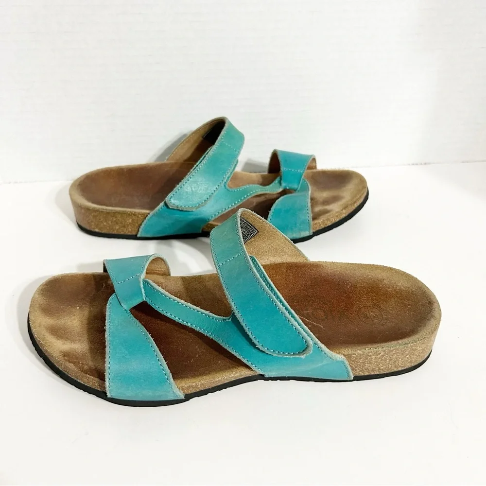 Vionic Teal Leather Pamplona Slide Sandals Cork Orthaheel Footbed Rubber Tread🩵